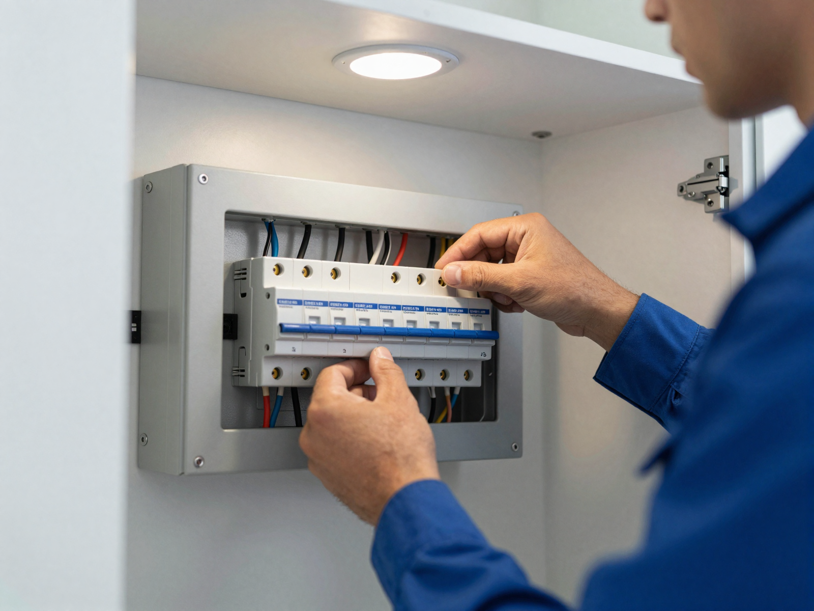Electrician installing circuit breaker panel