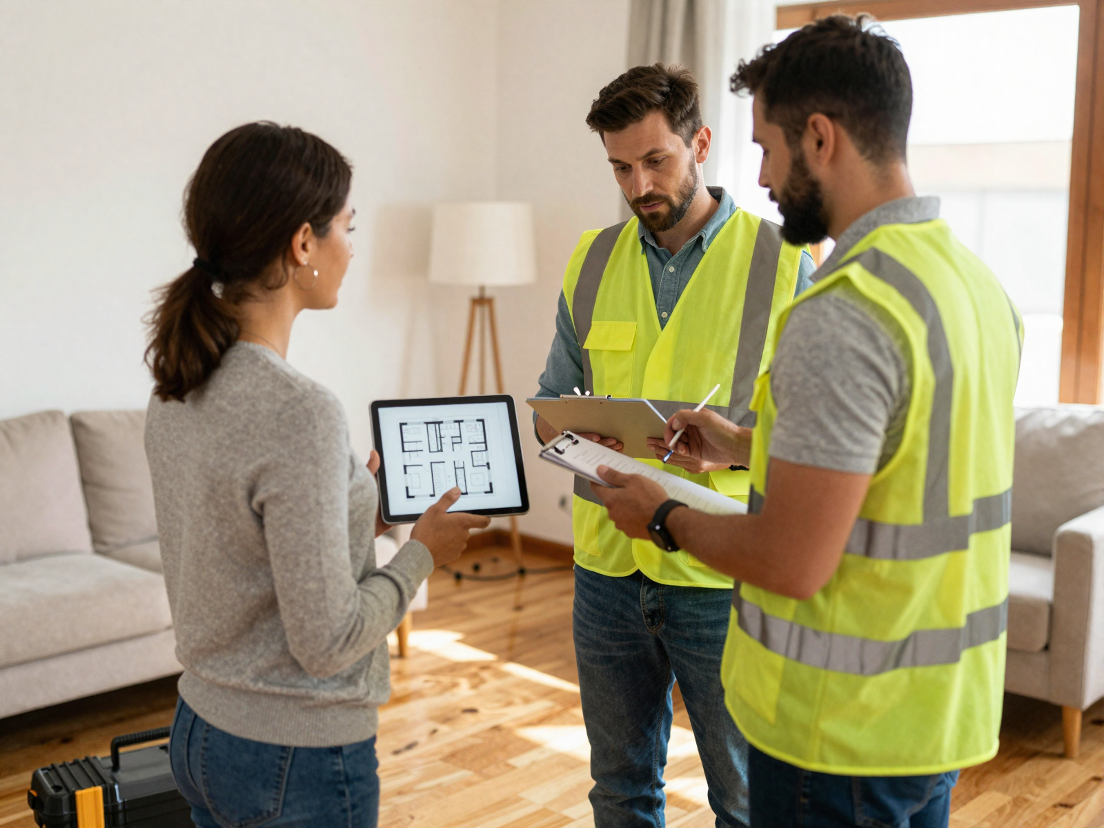 Satisfied homeowner with electrician